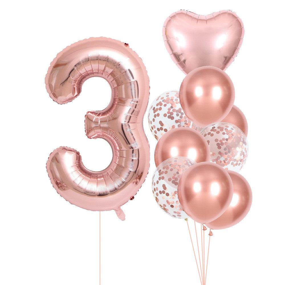 Set 10 Baloane Folie si Latex, ANGELBEAR, Tematica Aniversare, Baloane Latex 25cm, Figurina Inimioara 45 cm, Cifra 3 de 81 cm, Ambalaj Individual, Pai Inclus, Umflare cu Aer sau Heliu, Roz Pal
